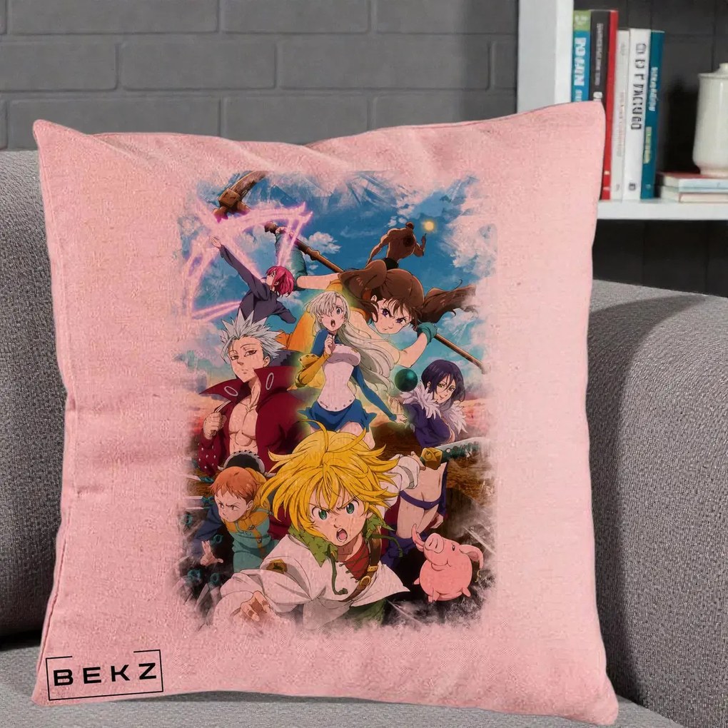 Perna Personalizata Nanatsu no Taizai Cele Sapte Pacate Mortale Anime, 40x40 cm, Roz, Husa Detasabila, Perna Inclusa, BEKZ®
