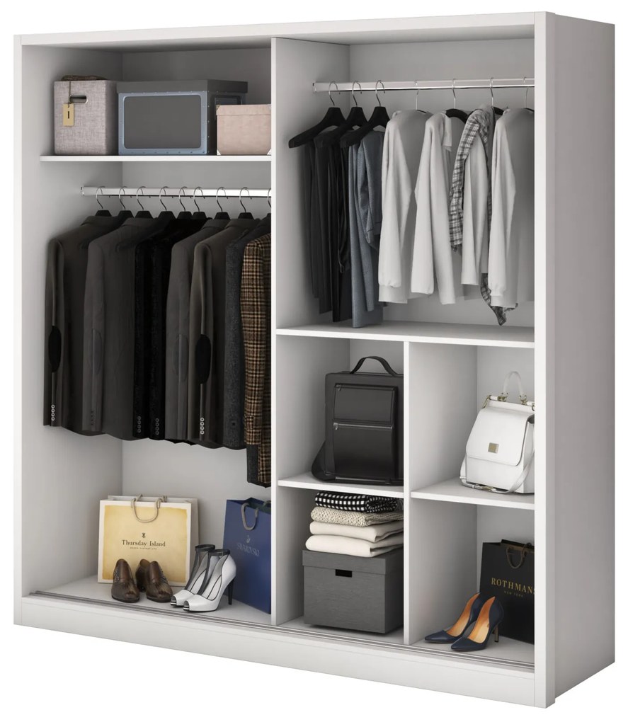 Dormitor Deluxe, culoare alb / negru, cu pat tapitat 160 x 200, dulap 200 cm, comoda si 2 noptiere