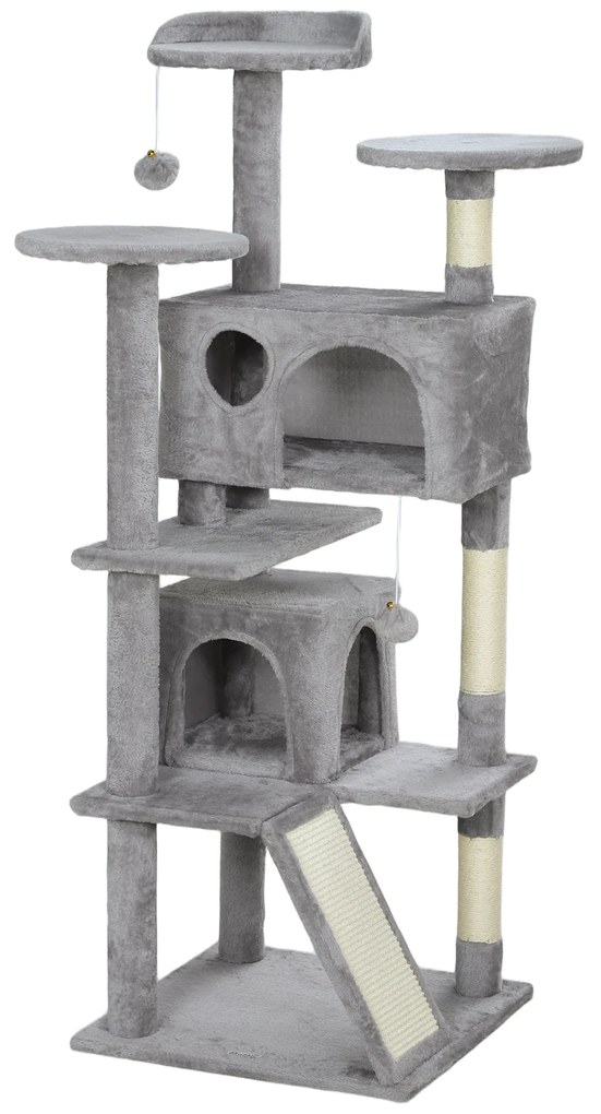 PawHut Arbore pentru pisici înălțime 138 cm, turn de joc pentru pisici cu zgârietoare, platforme, 2 cotețe, 49 x 49 x 138 cm gri deschis | Aosom Romania