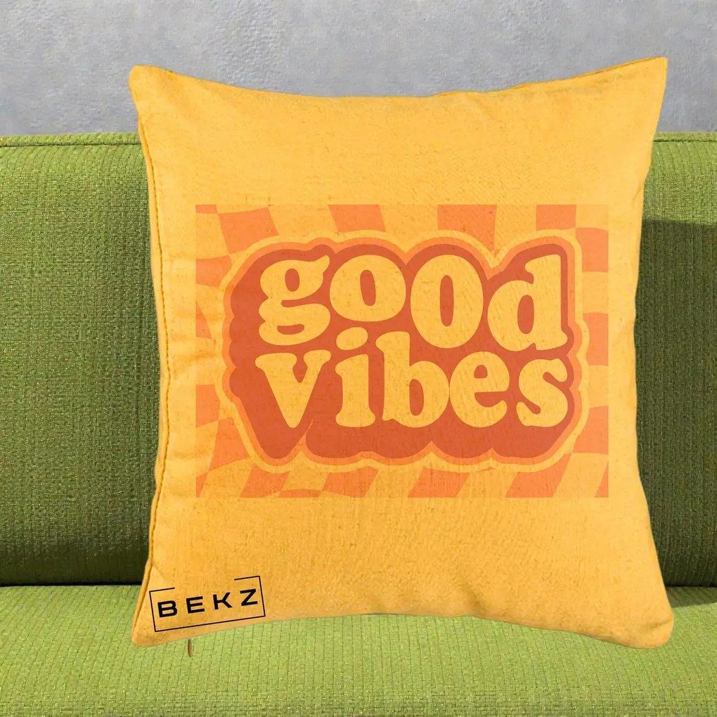 Perna Decorativa Good Vibes Retro Roz, 40x40 cm, Galben, Husa Detasabila, Perna Inclusa, BEKZ®