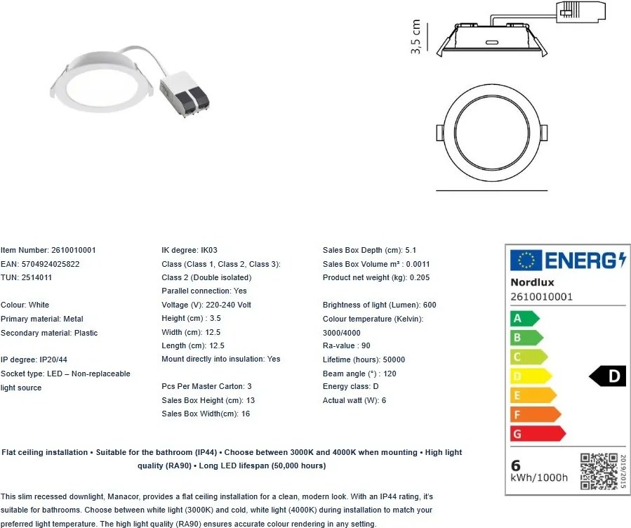 Spot LED incastrabil baie IP44 Manacor 12 alb