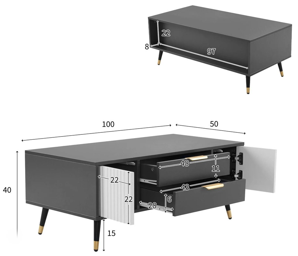 Măsuță de cafea modernă 100×50×40 cm cu 2 uși, 2 sertare și accente aurii, spațiu de depozitare practic, Alb+gri