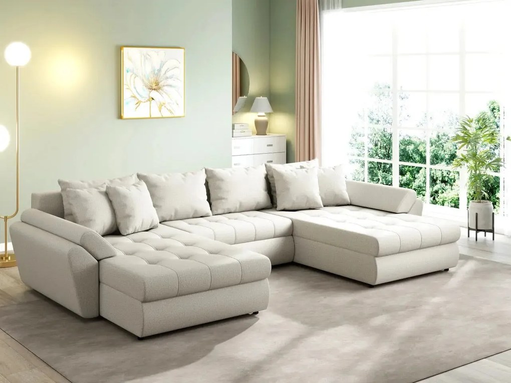 Colțar extensibil dumonde cu ladă de depozitare si sezut confortabil din spuma high-density, Loana U Enjoy Bej 355x185 cm