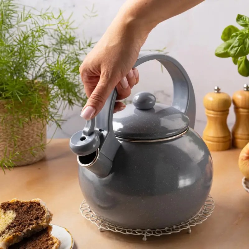 Ceainic cu fluier Kinghoff KH 2079, 2 l, Interior emailat, Toate plitele inclusiv inductie, Gri