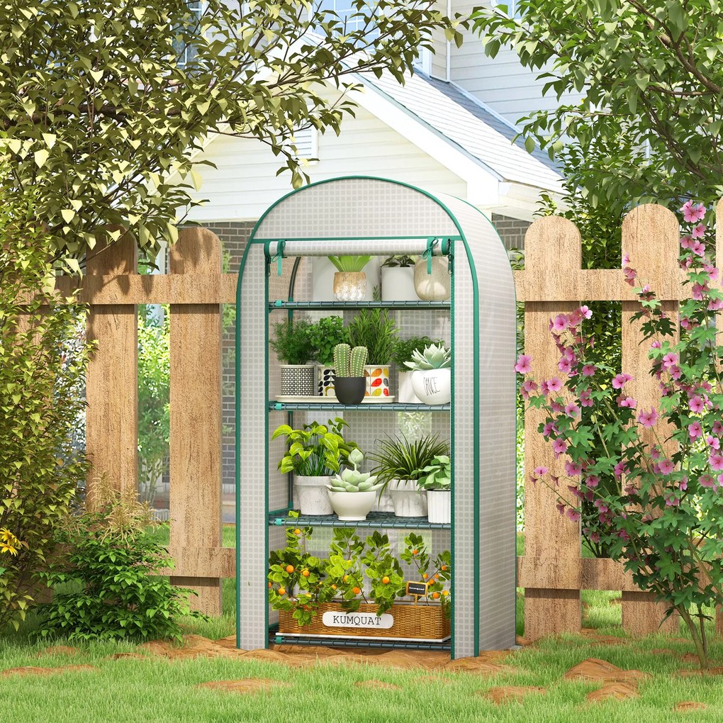 Outsunny Sera de Gradina cu Rafturi din Metal si Copertina din PE, Sera pentre Legume cu Usa Rulou 80x49x160cm, Verde | Aosom Romania