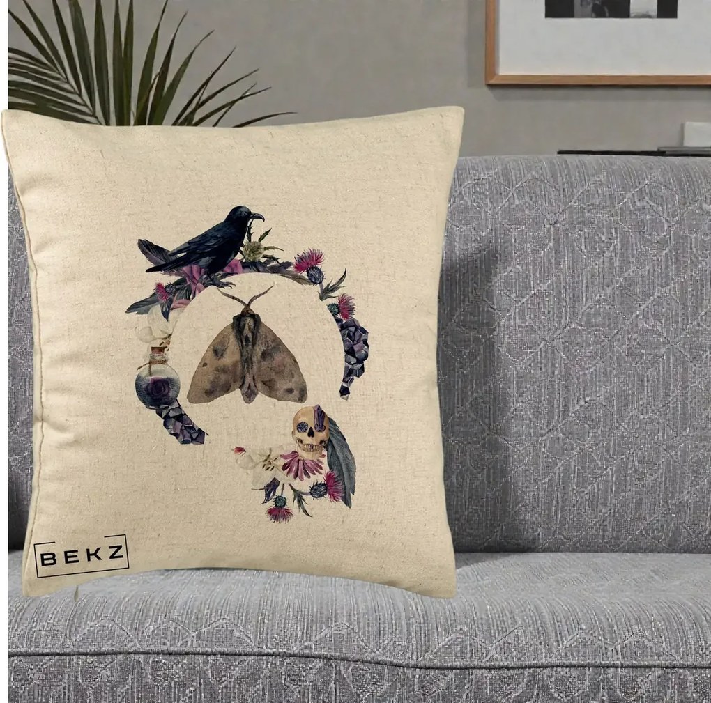 Perna Decorativa Gothic Wreath Corb Moliu Craniu, 40x40 cm, Bej, Husa Detasabila, Perna Inclusa, BEKZ®