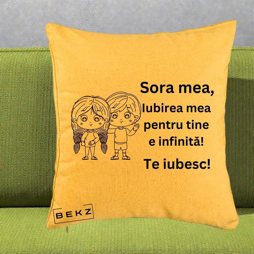 Cadou pentru Sora - Perna Personalizata Sora Mea Te Iubesc Copii Anime Line Art, 40x40 cm, Galben, Husa Detasabila, Perna Inclusa, BEKZ®