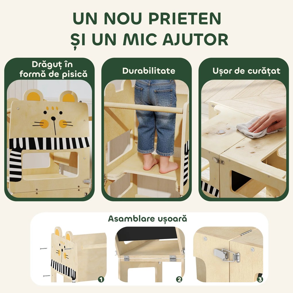 AIYAPLAY Turn Montessori pentru Copii 2-5 Ani cu Tablă și Măsuță, din Lemn, 57x39x93 cm, culoare Lemn | Aosom Romania