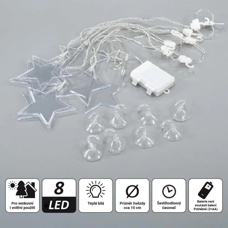 Perdea luminoasă de Crăciun, stele, 8 LED-uri, alb cald