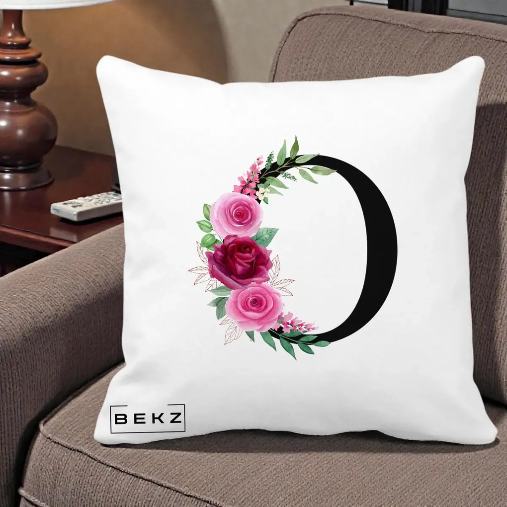 Cadou Personalizat - Perna Personalizata Monograma Florala Litera O, 40x40 cm, Alba Mata, Husa Detasabila, Perna Inclusa, BEKZ®