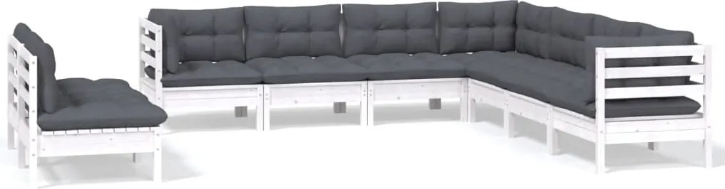 vidaXL Set mobilier de grădină cu perne, 9 piese, alb, lemn masiv pin