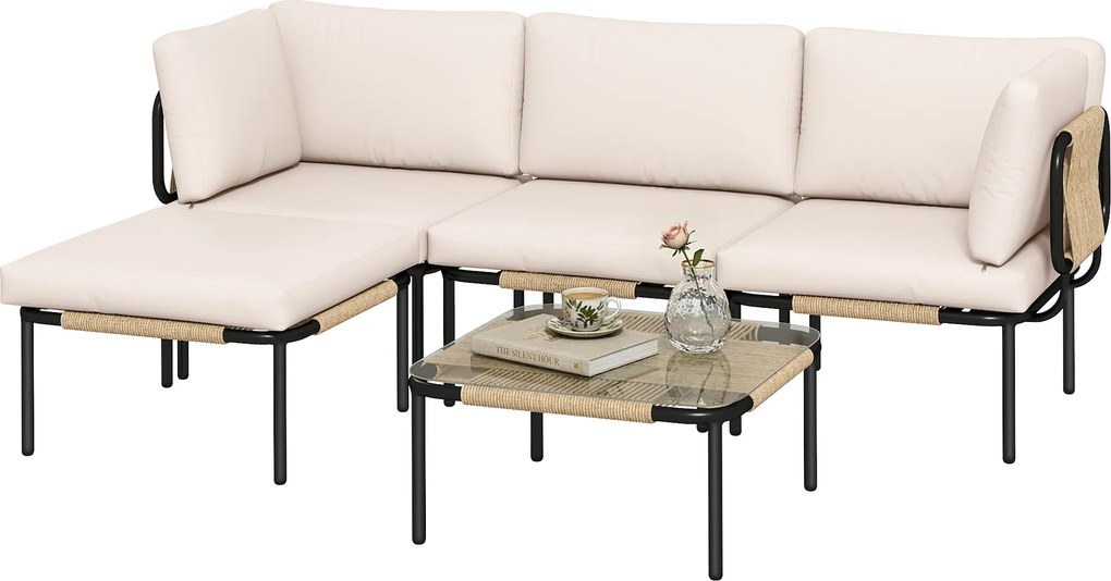 Outsunny Set mobilier gradină din polyrattan 5 piese Set lounge cu 3 fotolii masă cu sticlă taburet scaune late și adânci perne detașabile | Aosom Romania