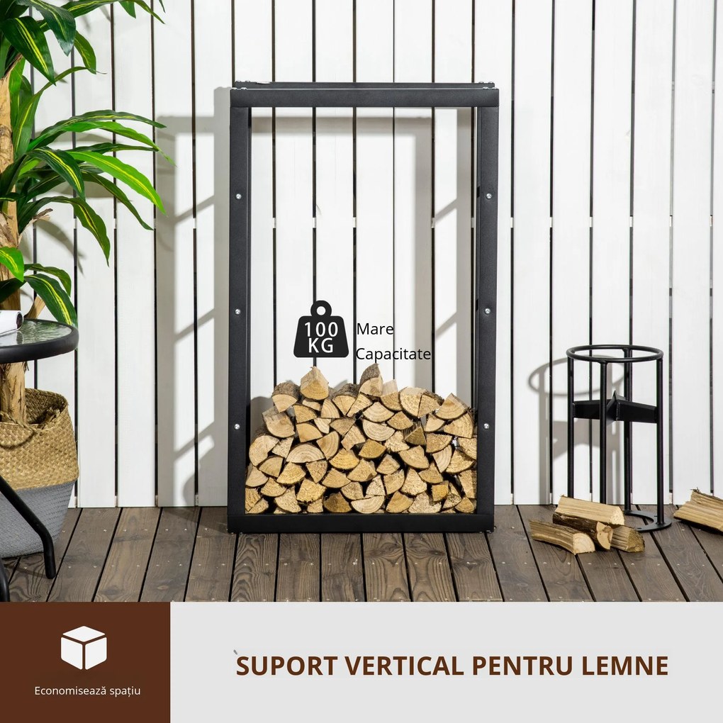 Suport pentru lemn pentru casa si gradina din fier negru, design modern si elegant 60×25×100cm HOMCOM | Aosom Romania