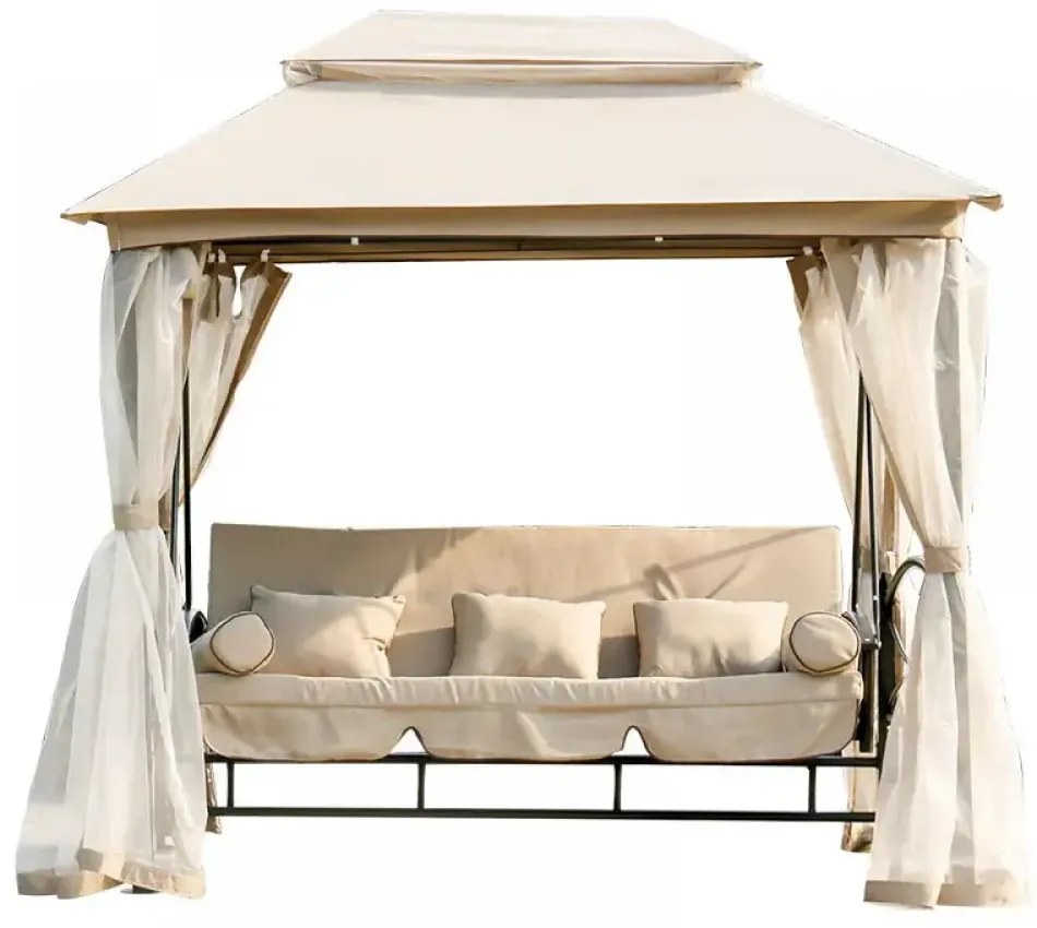 Foisor de gradină cu balansoar, canapea 3 locuri, pavilion gradina cu plasa tantari, cadru metalic, 252x175x250 cm, Bej