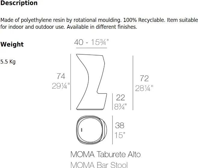 Scaun de bar exterior / interior design modern premium MOMA BAR STOOL 45038A Vondom