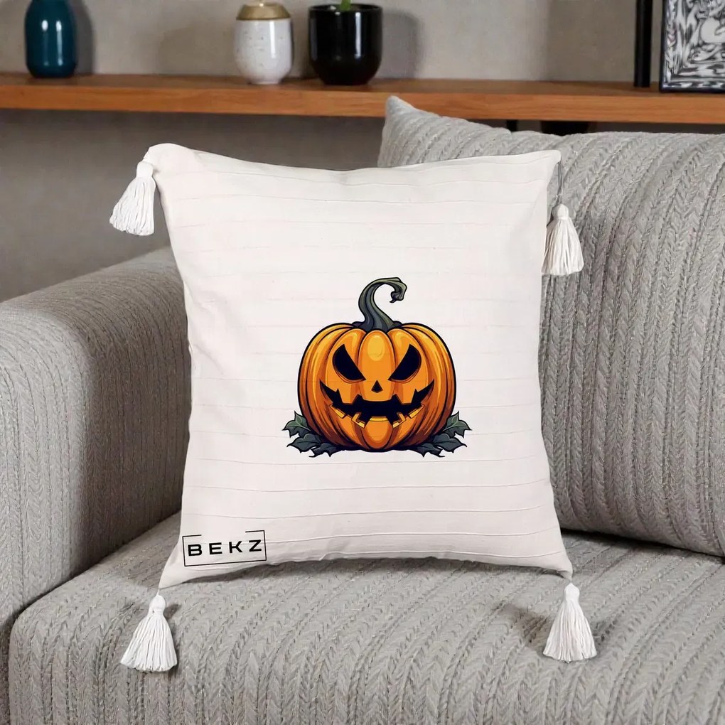 Perna Decorativa Halloween Jack-o'-Lantern Infricosator, 40x40 cm, Bej cu Franjuri, Husa Detasabila, Perna Inclusa, BEKZ®