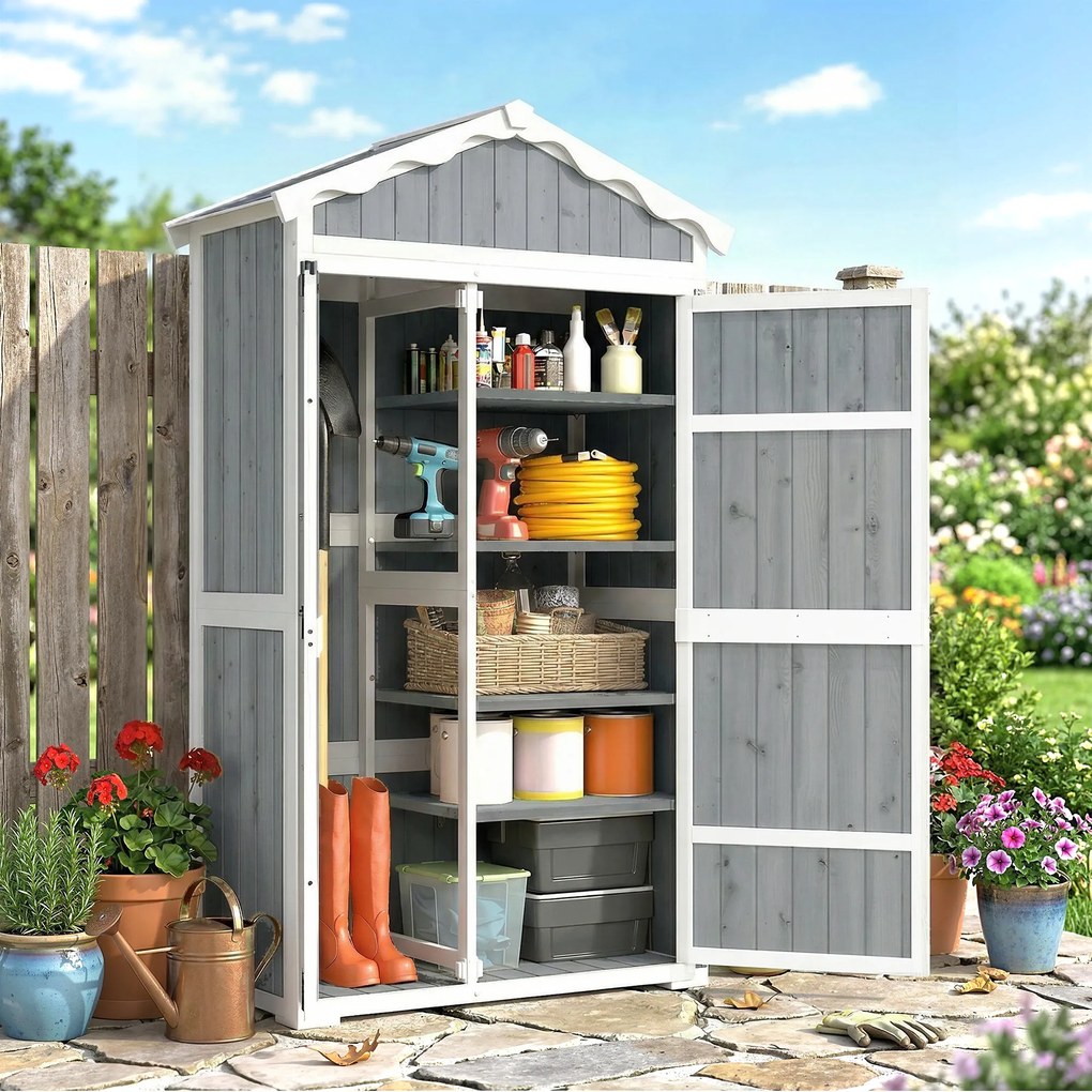 Outsunny Căsuță de grădină din lemn 105x55x179 cm dulap pentru unelte cu 4 rafturi acoperiș din metal galvanizat gri | Aosom Romania