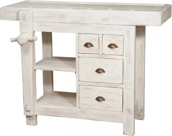 Banc de tamplar, L116 63 H90 cm, 4 sertare, alb antic, lemn masiv