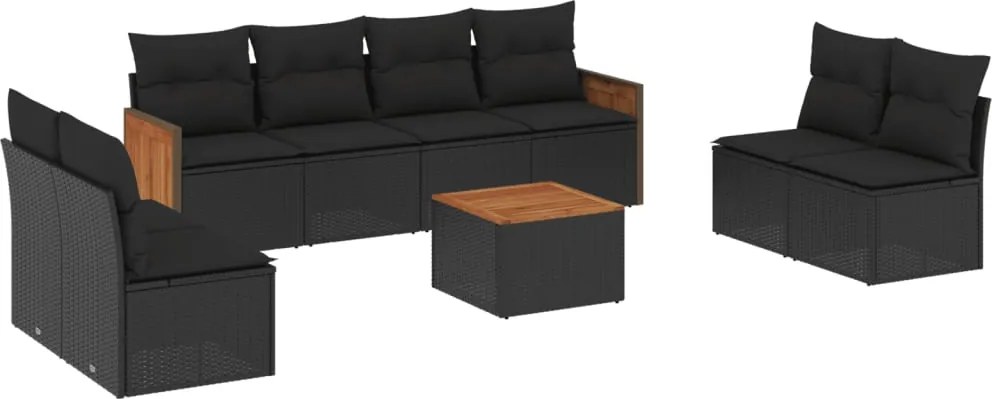vidaXL Set mobilier de grădină cu perne, 9 piese, negru, poliratan