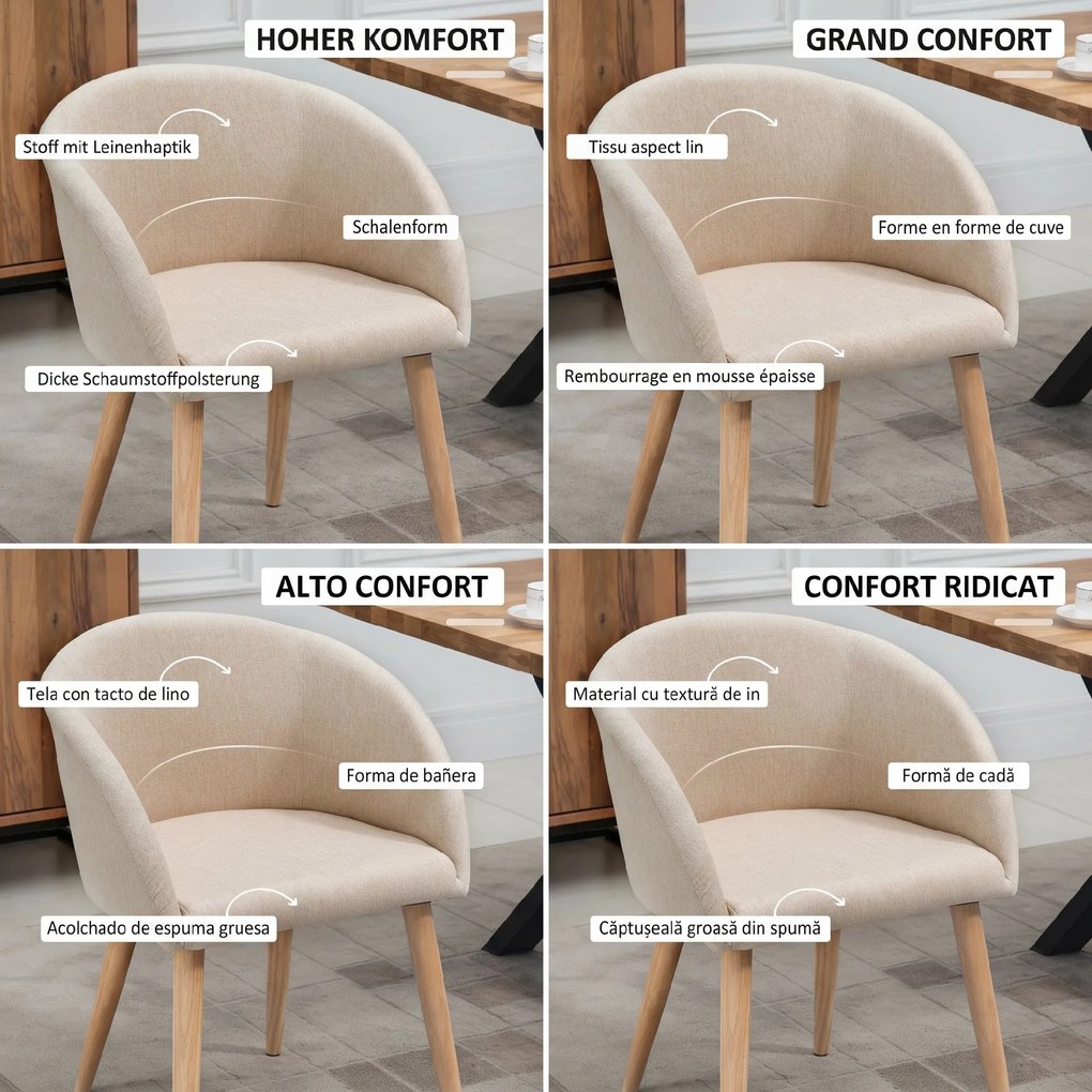 HOMCOM Set de 2 Scaune de Dining Stil Scandinav, Tapițate cu Material Textil, 55x56x74 cm, Bej | Aosom Romania