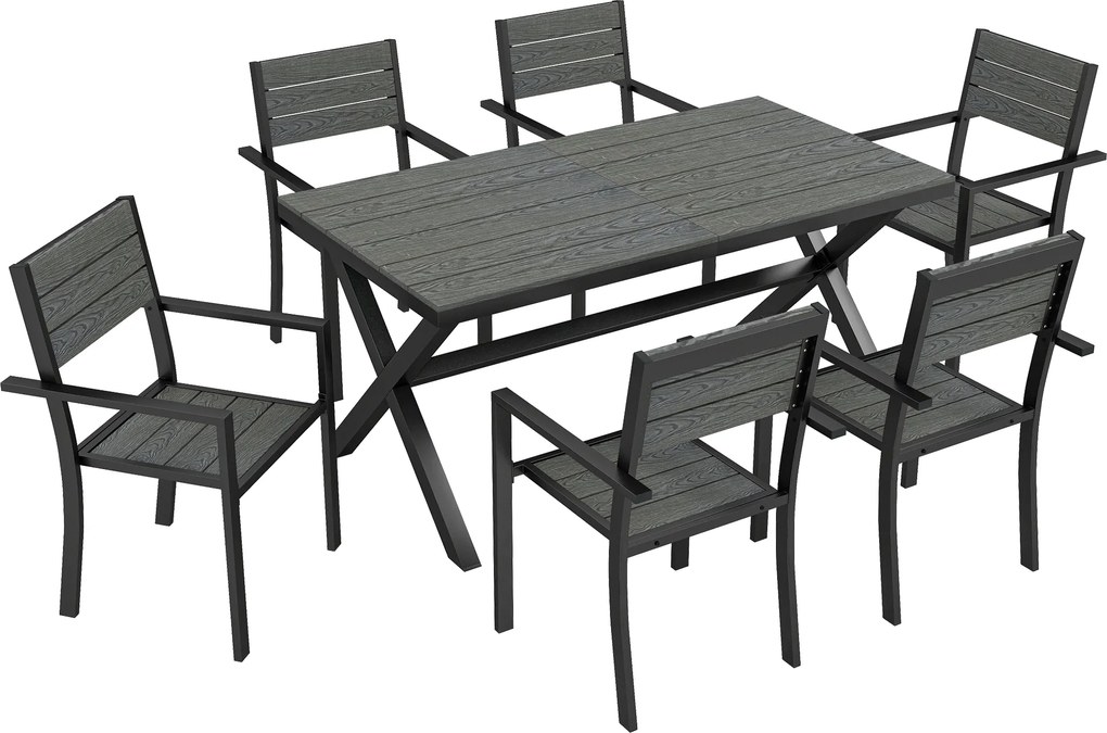 Outsunny Set de Masă pentru Exterior 7 Piese pentru 6 Persoane, Masă și Scaune Stivuite cu Lamele Efect Lemn, Cadru din Aluminiu, Gri | Aosom Romania