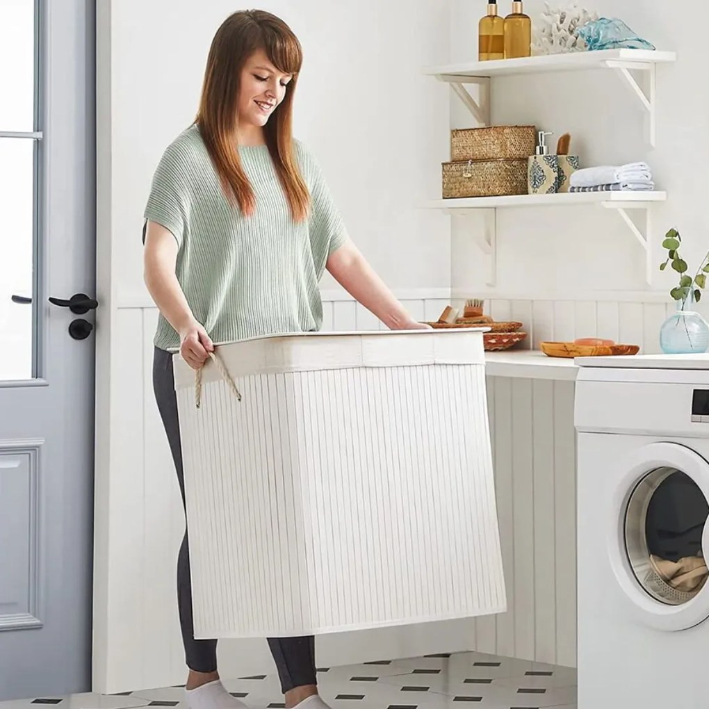 Coș de rufe de bambus DORA, 150L, alb Jurhan