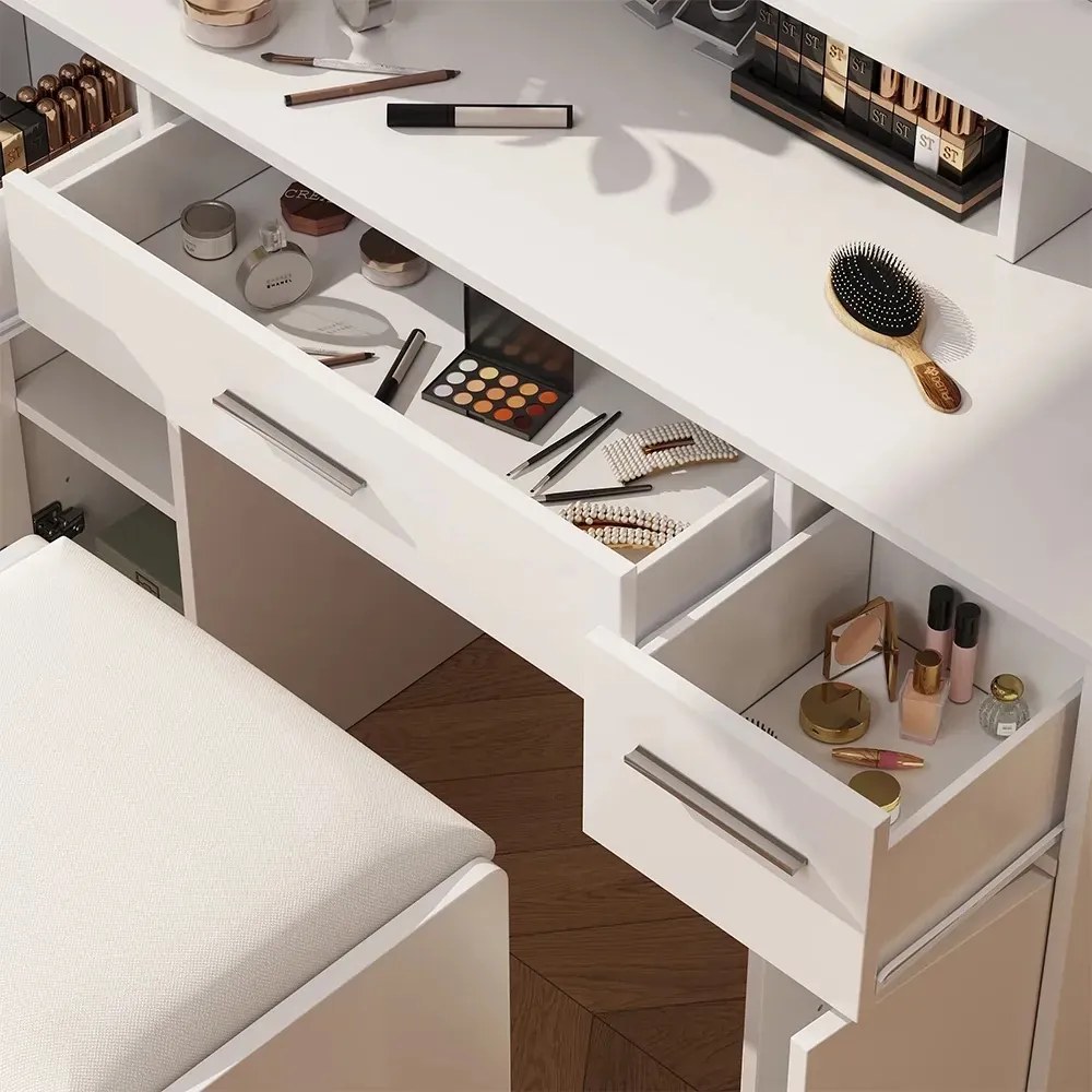 Masuta machiaj cu Oglinda LED si 3 Sertare pentru Cosmetice, Set Masa toaleta 110 cm, Alb, masuta cosmetica, vanity - SEA809