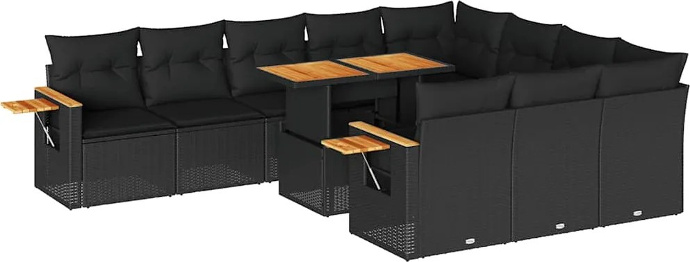 vidaXL Set canapele grădină cu perne 11 piese, negru, poliratan/acacia