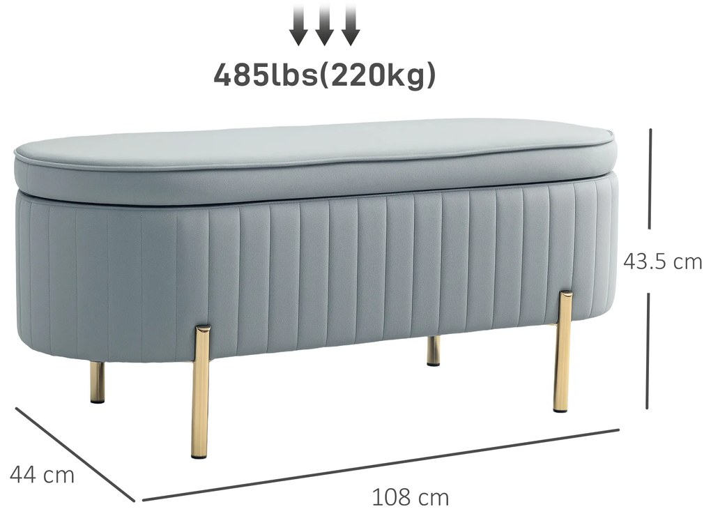 HOMCOM Bancă de Depozitare pentru Intrare Ovală 72L cu Design Scanalat, Capac Ridicabil și Șezut Capitonat, Bancă de la Capătul Patului Pouf în Catifea și Picioare de Lemn de Pin, 108x44x43.5 cm, Gri | Aosom Romania