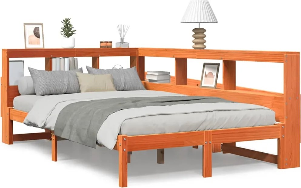 vidaXL Pat cu bibliotecă fără saltea, maro, 120x190 cm, lemn masiv pin