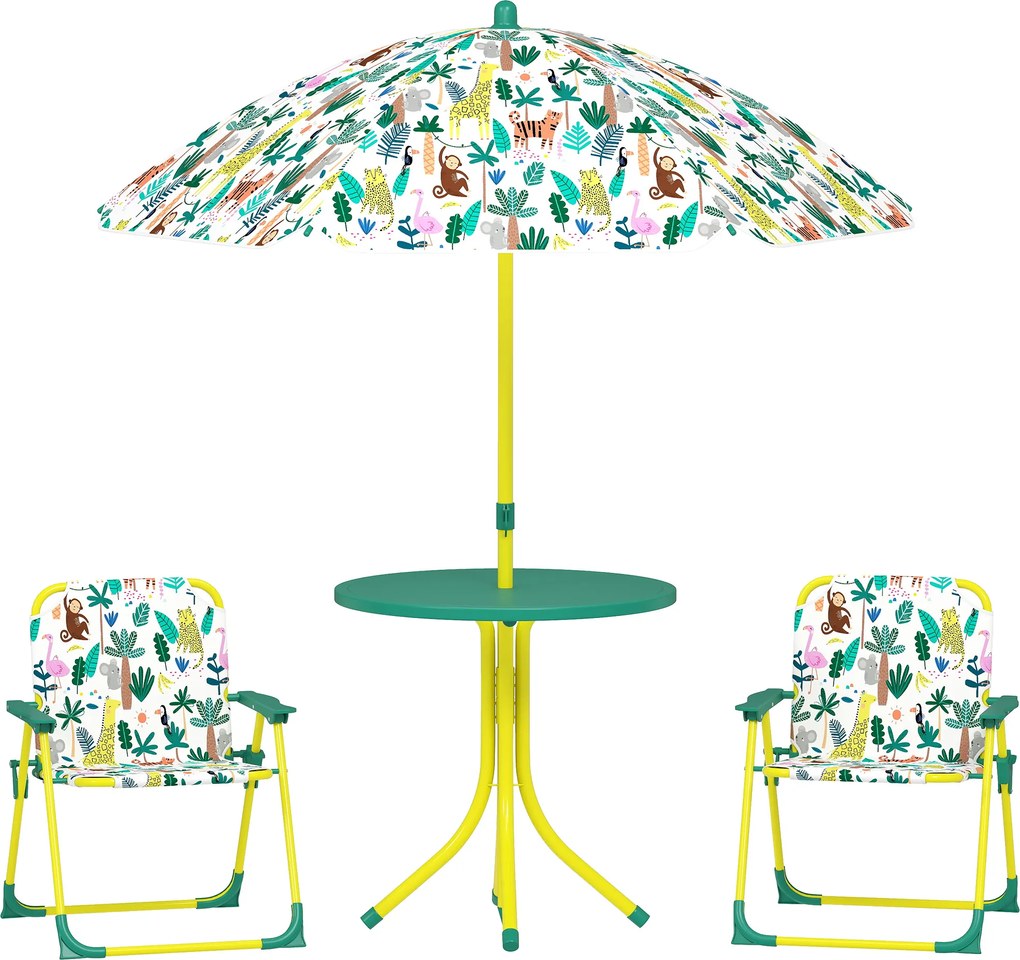 AIYAPLAY Masă de Picnic pentru Copii, Set Masă și Două Scaune Pliabile cu Umbrelă Demontabilă, Tematică Jungle, Mobilier de Exterior pentru Grădină, Terasă, Verde | Aosom Romania