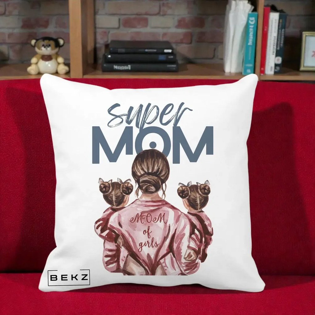 Cadou pentru Mama - Perna Personalizata Super Mom of Girls Mama cu Gemene, 40x40 cm, Alba Mata, Husa Detasabila, Perna Inclusa, BEKZ®