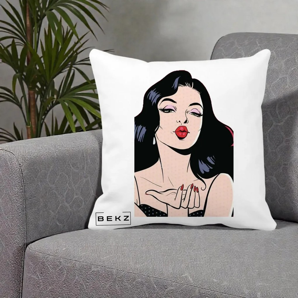 Perna Decorativa Femeie Pop-Art Kiss, 40x40 cm, Alba Mata, Husa Detasabila, Perna Inclusa, BEKZ®