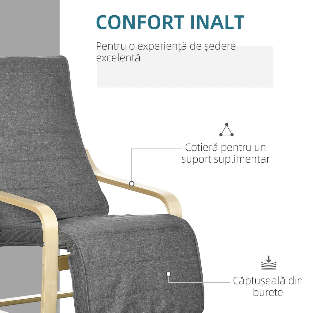 HOMCOM Fotoliu Relax cu Suport picioare pe 5 Niveluri si Tetiera, Fotoliu Ergonomic din Lemn de Mesteacan si Tesut, Gri