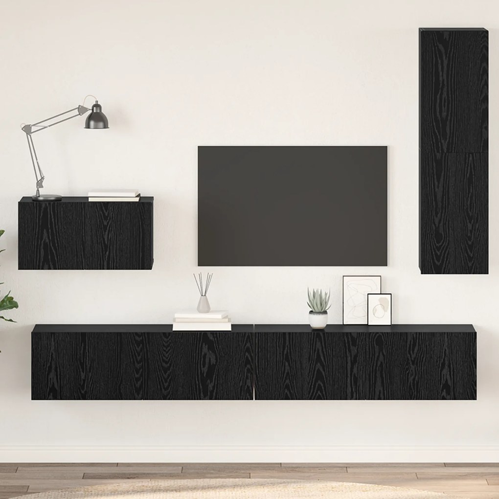 vidaXL Dulap pentru TV pe Perete cu raft Altele cu depozitare cu ușă 4 pcs Stejar negru