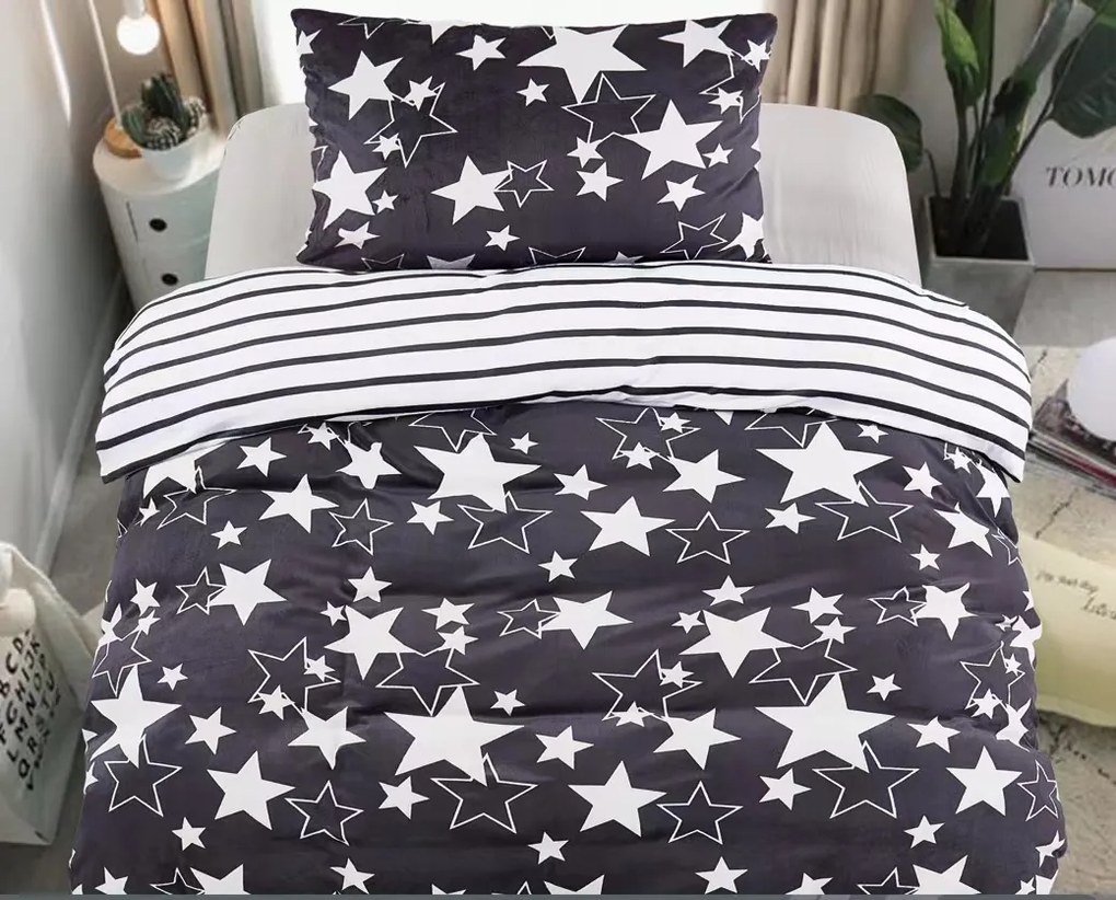 2x lenjerie de pat microplus STARS gri + cearceaf din microplus SOFT 180x200 cm gri inchis