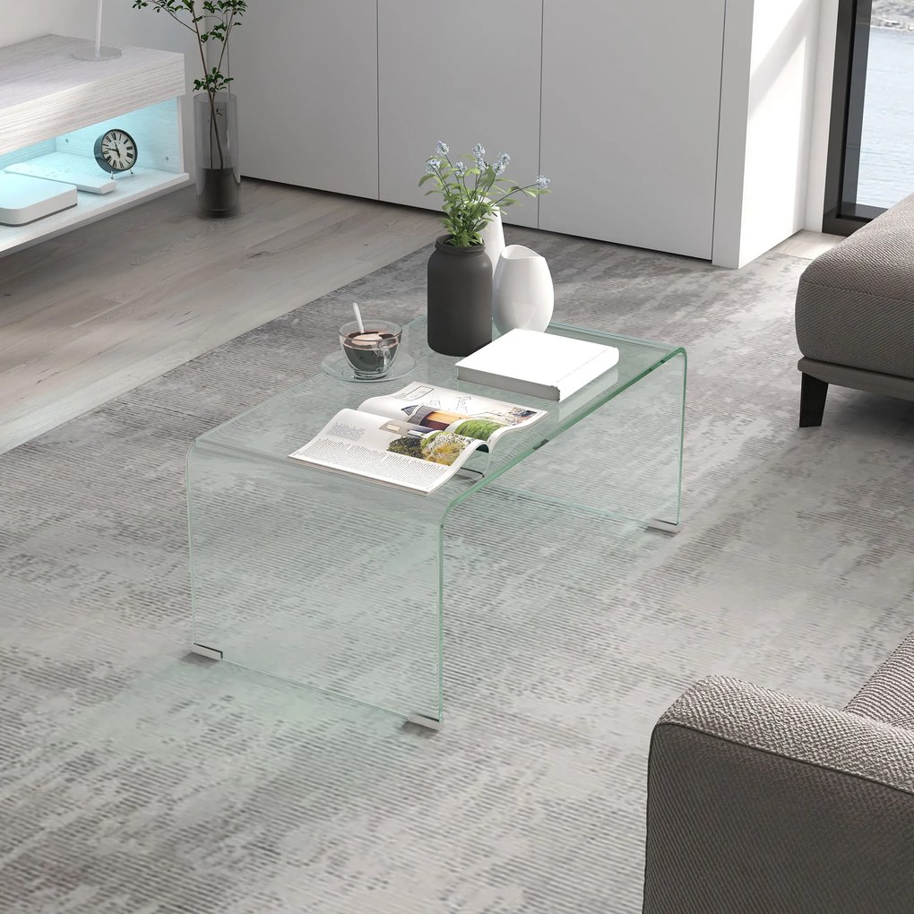 HOMCOM Măsuță din Sticlă Temperată Modernă pentru Living cu Design Monobloc, 80 x 45 x 35 cm, Transparent | Aosom Romania