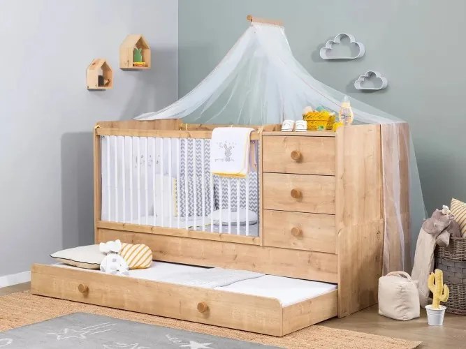 Patut transformabil cu sertar din pal, pentru bebe Mocha SL Baby New Natur, 180 x 80 cm