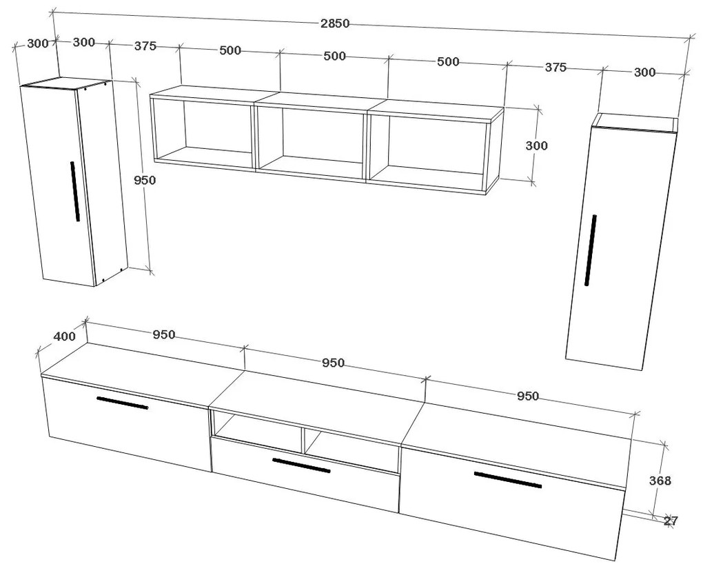 Living haaus V2, Negru/Alb Lucios, MDF, L 285 cm