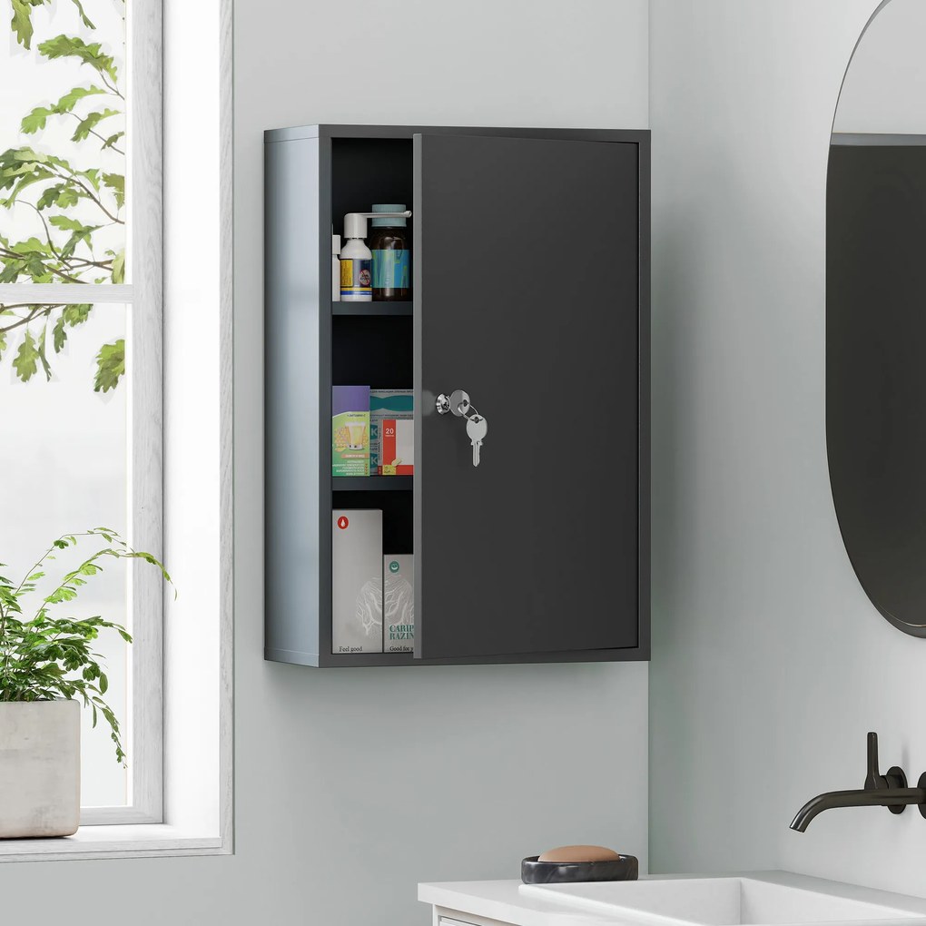kleankin Dulap medical de perete, dulap pentru baie cu 3 rafturi, 2 chei, 40 x 18 x 60 cm, Gri | Aosom Romania