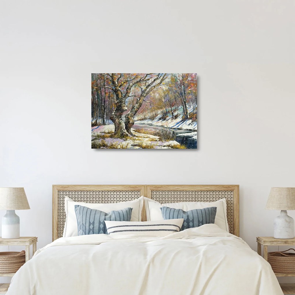 Tablou pe sticlă cu peisaj de iarnă pictat (70x50 cm)