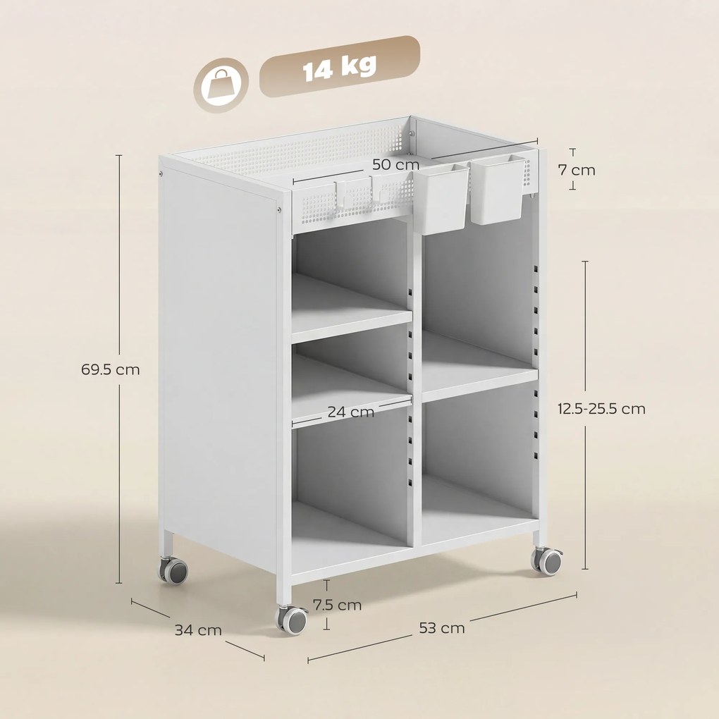 HOMCOM Raft pe roți, 4 niveluri, polițe reglabile &amp; coșuri suspendabile pentru birou de acasă și living, Alb | Aosom Romania