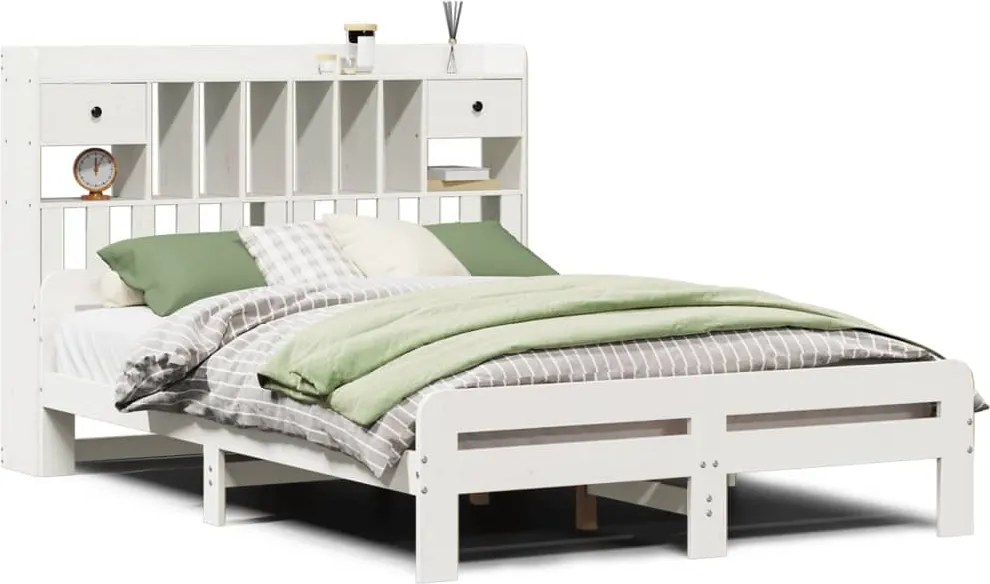 vidaXL Pat cu bibliotecă fără saltea, alb, 160x200 cm, lemn masiv pin