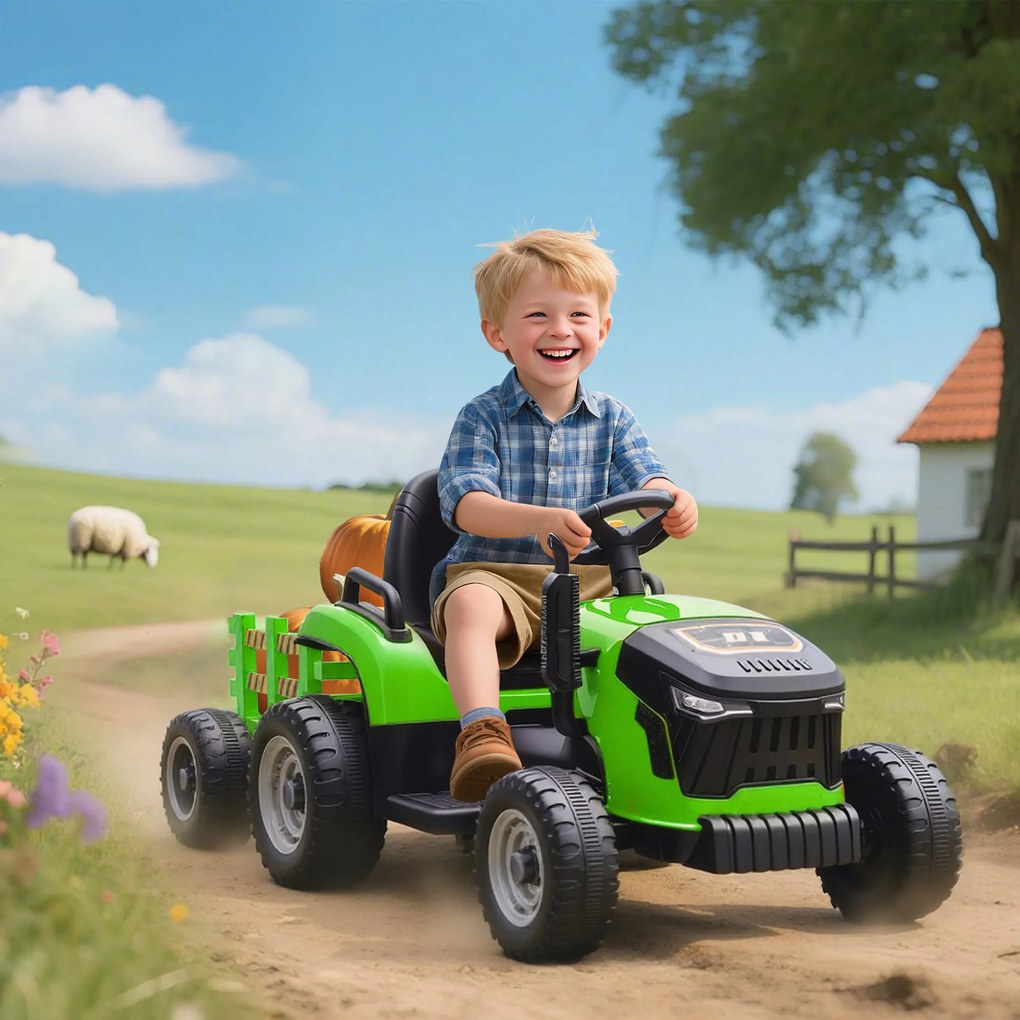 AIYAPLAY Tractor Electric 2 în 1 pentru Copii 3-8 Ani 12V cu Remorcă Detașabilă, Mașină Electrică pentru Copii cu Telecomandă, Centură de Siguranță, Muzică, Lumini LED și Claxon, Verde | Aosom Romania