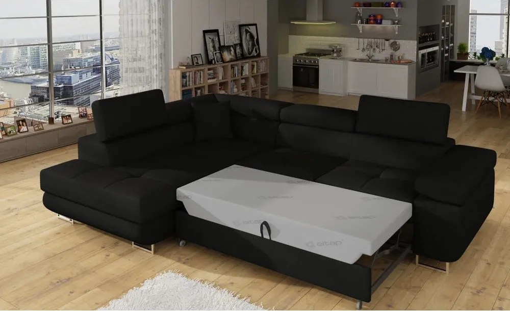 Colțar negru extensibil/cu spațiu de depozitare (cu colț pe partea stângă/în formă de ”L”) Anton – ELTAP