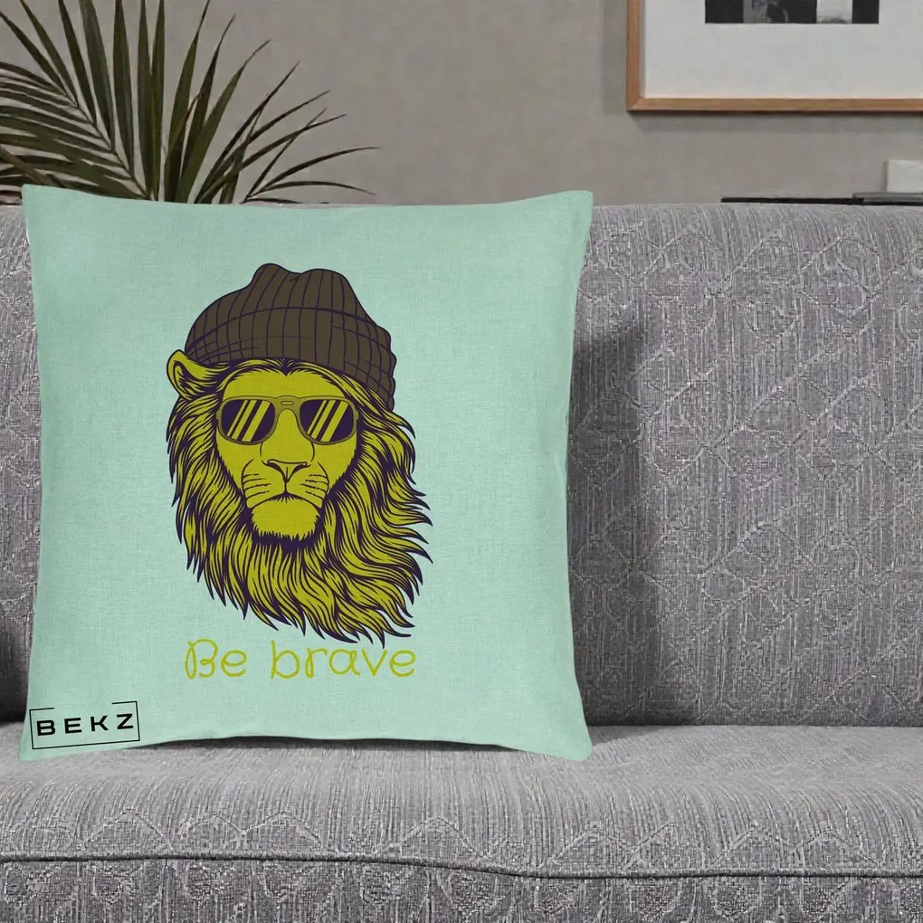 Perna Decorativa Leu Hipster Be Brave, 40x40 cm, Verde Menta, Husa Detasabila, Perna Inclusa, BEKZ®