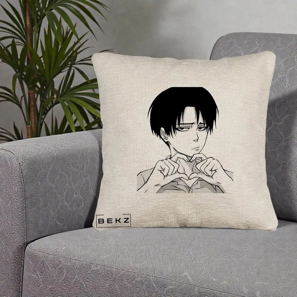 Perna Personalizata Levi Ackerman Inima, 40x40 cm, Bej Canapea, Husa Detasabila, Perna Inclusa, BEKZ®