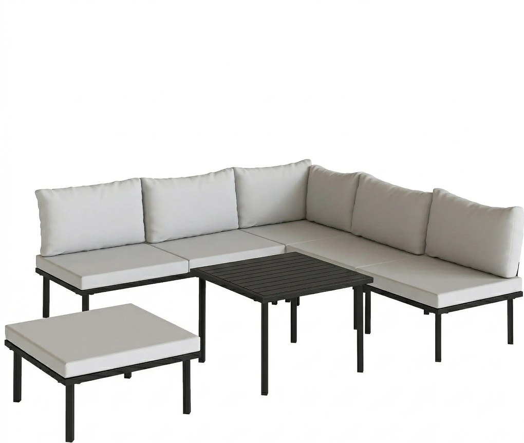 Outsunny Set lounge mobilier grădină 5-6 persoane, canapea 2 locuri, 2 scaune, scaun colțar, masă tip lamele, taburet | Aosom Romania