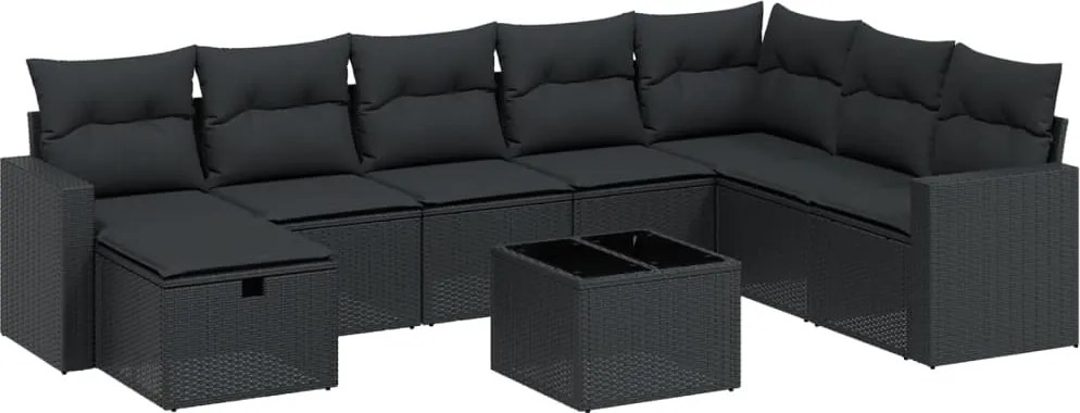vidaXL Set mobilier de grădină cu perne, 9 piese, negru, poliratan