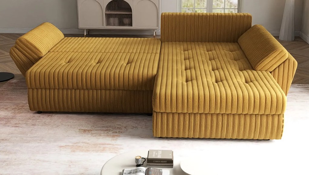 Colțar extensibil dumonde cu ladă de depozitare si sezut confortabil din spuma high-density, Loana Ambience Mustar II 270x185 cm